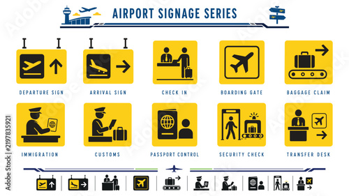 Airport Wayfinding Pictogram Set for Passenger Travel, Immigration and Security Navigation. Professional design, easy recoloring, neatly grouped elements, clean and clear style. 