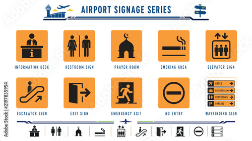 Airport Signage Icon Set with Information, Restroom, Prayer, Emergency Exit and Wayfinding Symbols. Professional design, easy recoloring, neatly grouped elements, clean and clear style. 

