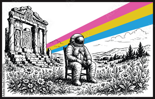 An astronaut sitting on a chair amidst a natural landscape surrounded by flowers, featuring a hand-drawn engraving design in black on a white background.