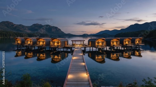 Luxury overwater bungalows at twilight with a wooden pier leading to a serene mountain lake view