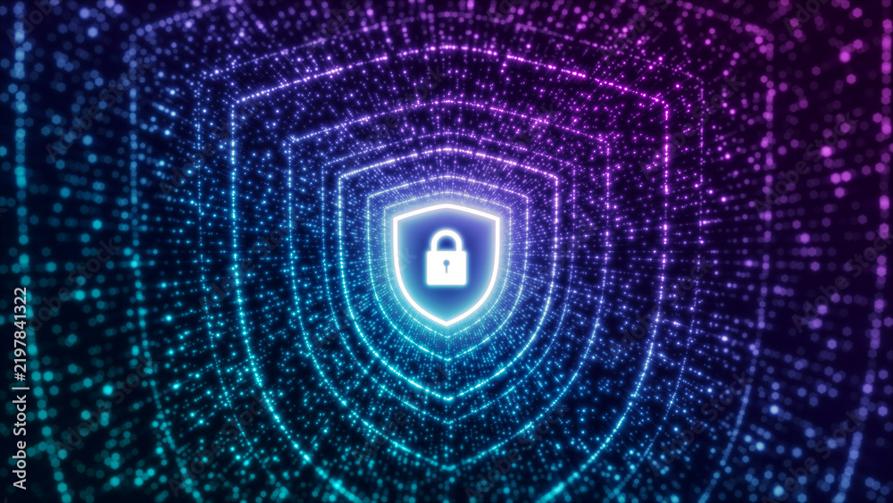 Fototapeta premium Glowing neon security shield and padlock icon in a futuristic digital tunnel representing cybersecurity, data privacy protection, and safe internet networks.