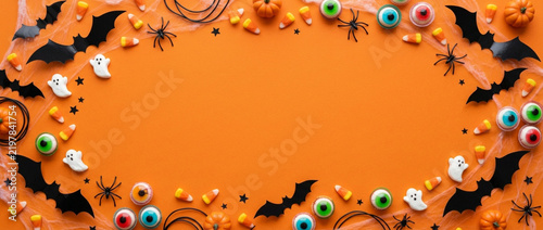 Halloween border, bats, candy, ghosts, spiders, pumpkins, copy space, orange background