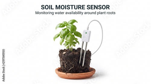 Soil Moisture Sensor Measuring Water Content In A Potted Basil Plant On White Background