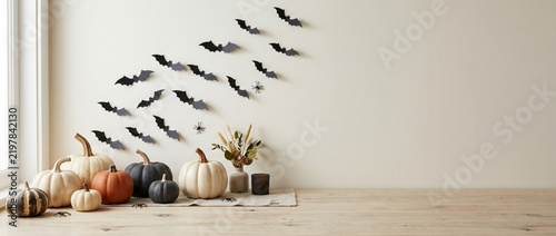 Halloween Decor: Pumpkins, Bats & Spiders on a Neutral Background