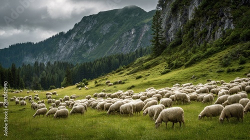 Large flock of sheep grazing on green alpine meadow below rocky mountain and pine forest, cloudy sky, peaceful countryside farm landscape scenery