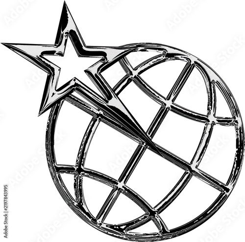 Glossy Y2K Style Chrome Globe Emblem With A Metallic Star Design Graphic Element