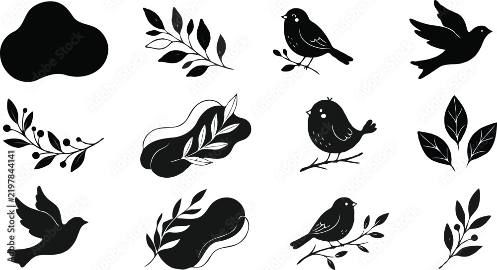 Obraz premium Minimalist black silhouettes of birds and leaves arranged in a balanced composition for editorial and branding use