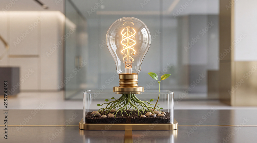 Fototapeta premium Conceptual glowing light bulb with green roots growing into soil in a glass terrarium, representing eco-friendly innovation, sustainable energy solutions, and creative environmental growth.