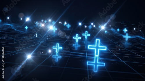 Abstract Blue Glowing Plus Signs on Digital Grid Background