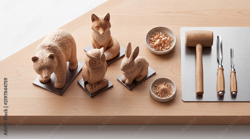 Fototapeta premium Set of Handcrafted Wooden Animal Sculptures Including Bear Fox Owl and Rabbit on a Workbench with Traditional Woodworking Tools Chisels Mallet and Wood Shavings in an Artisan Workshop