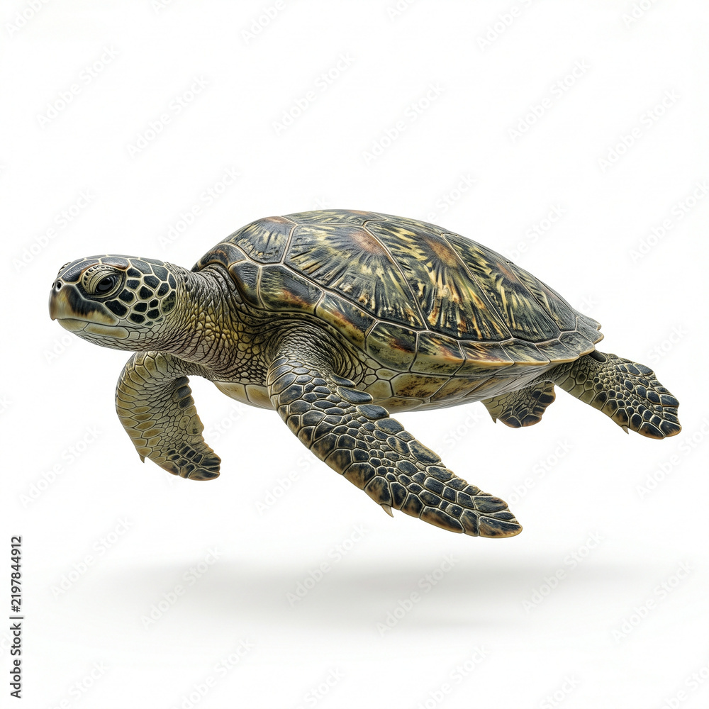 Fototapeta premium Green sea turtle swimming gracefully in shallow water with detailed shell texture and studio lighting