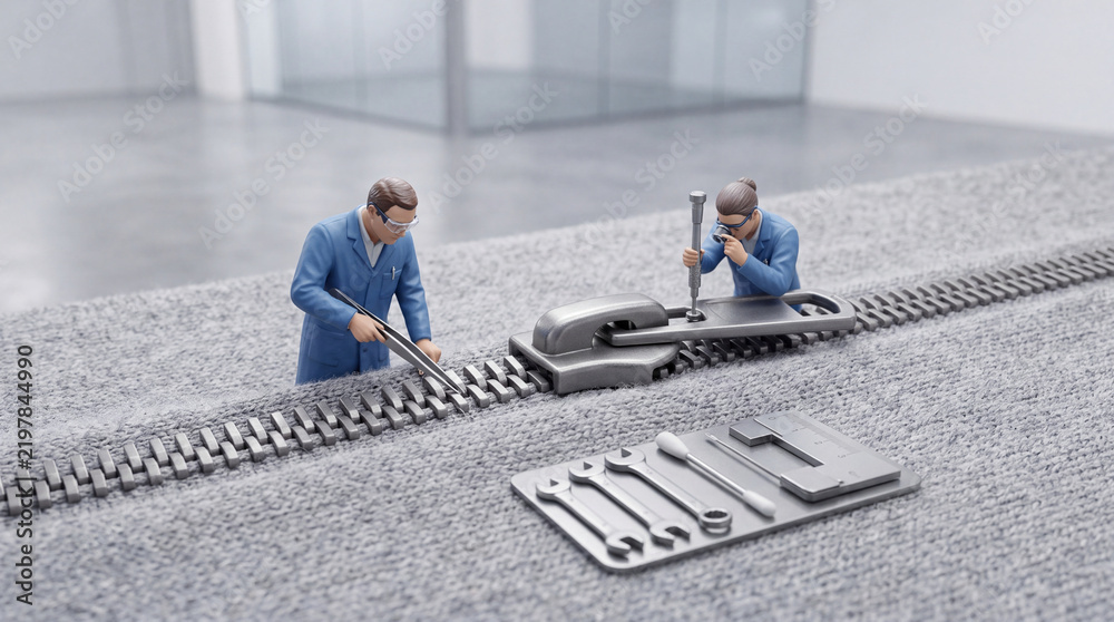 Fototapeta premium Miniature technicians in blue uniforms performing precision maintenance and repair on a large metal zipper, conceptual image of textile engineering, quality control, and technical problem solving.