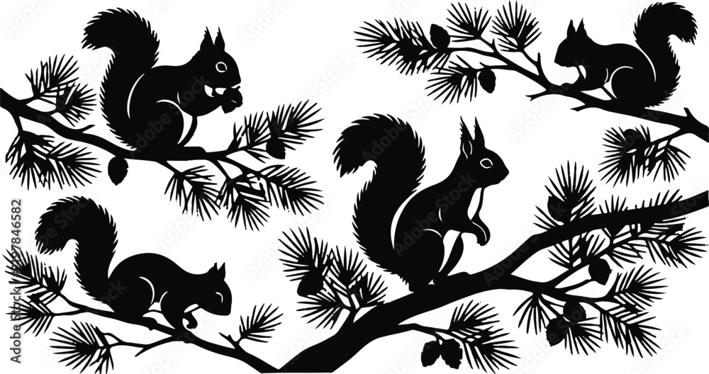Obraz premium An old fashioned black and white engraving depicts four squirrels actively foraging for food within the lush green branches of pine trees