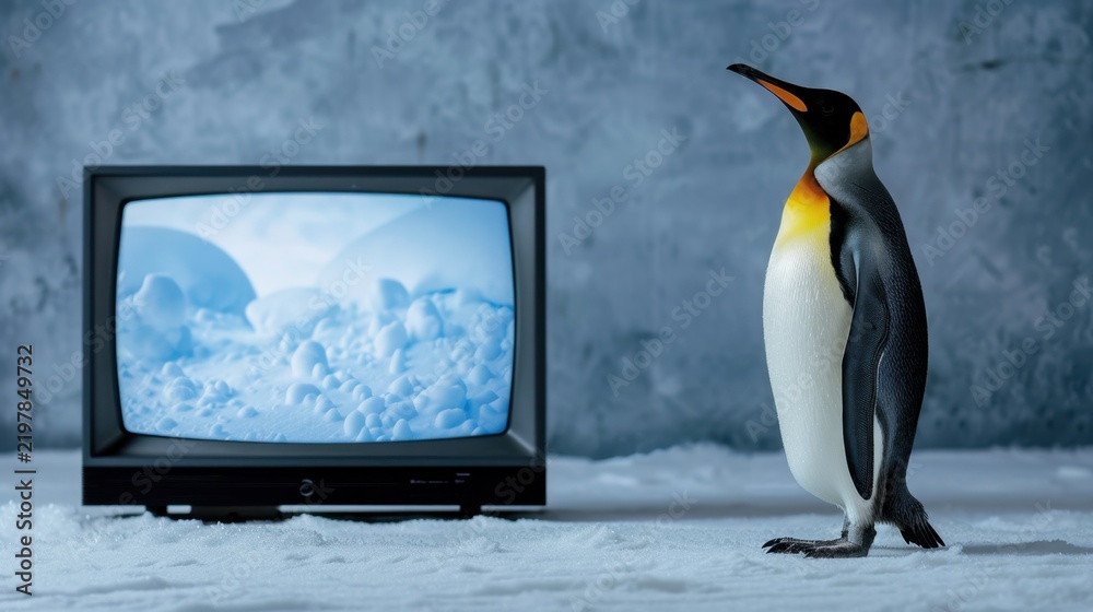 Fototapeta premium Penguin Standing Beside Vintage Television Displaying Arctic Landscape in Minimalistic Setting