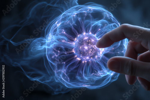 Energy Ball with Finger: A human finger delicately touches a glowing blue energy sphere, emanating swirling lights and ethereal wisps, symbolizing discovery and innovation.