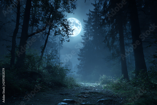 Mystical Forest Path Under Moonlight: An eerie path winds through a dark, mystical forest under the pale, luminous glow of a full moon, creating an atmosphere of mystery and enchantment.