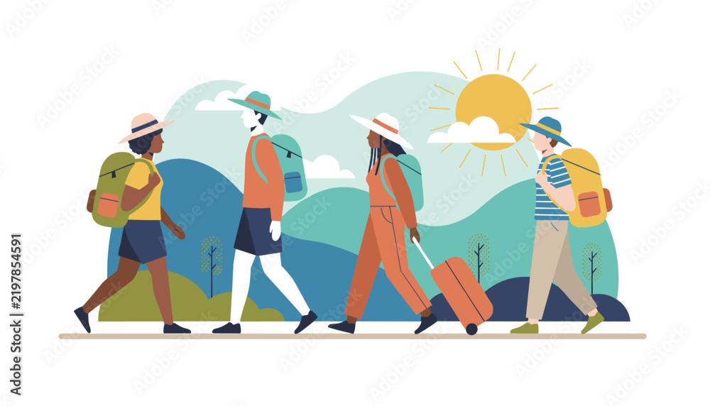Fototapeta premium Group of four diverse tourists walking in the mountains with backpacks and suitcases under a bright sunny sky in vector art.