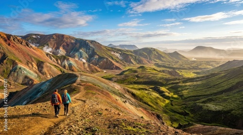 Hikers admire colorful rhyolite mountains in Landmannalaugar Iceland.