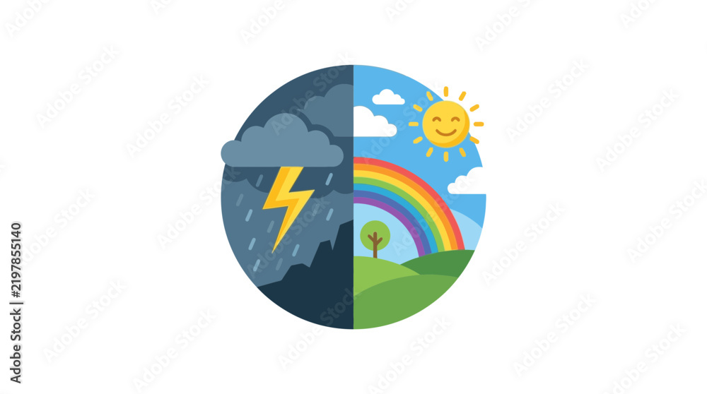 Obraz premium Weather forecast symbol showing storm and sunny day contrast