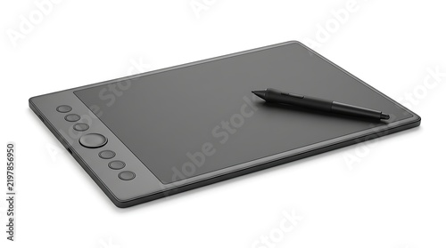 Black graphics tablet with stylus pen on white background