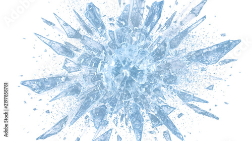 Obraz na plátně Ice explosion with blue crystal fragments shattering outward is offered in PNG,