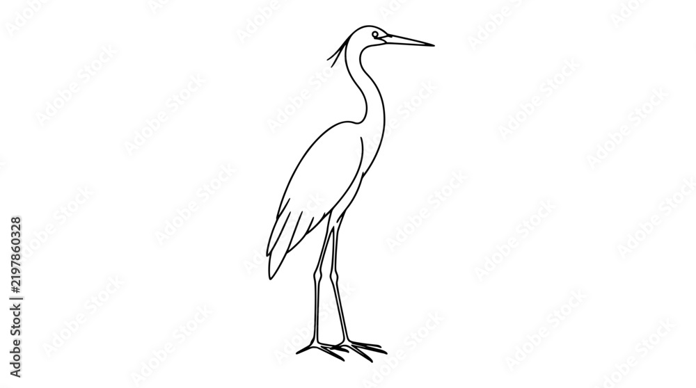 Obraz premium Elegant heron standing tall with slender S-curved neck in minimalist black and white line art vector illustration, graceful wading bird icon perfect for nature wildlife and wetland conservation design