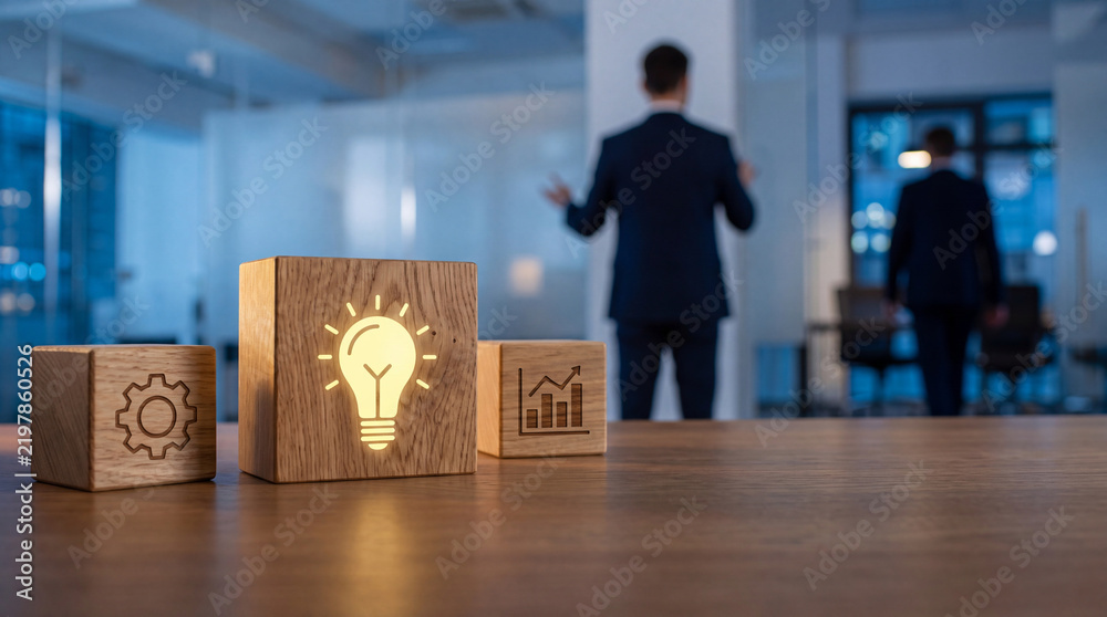 Fototapeta premium Business Innovation and Creative Thinking Concept with Glowing Lightbulb Icon on Wooden Blocks in a Modern Office Setting with Blurred Business People Background