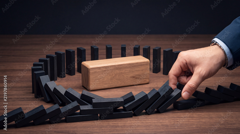 Fototapeta premium Businessman Hand Stopping Falling Black Wooden Blocks to Prevent Domino Effect and Protect Central Block, Representing Crisis Management, Risk Prevention, and Insurance Strategy Concept