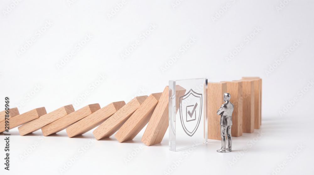 Obraz premium Business Risk Management and Insurance Concept with Businessman Figure Watching a Protective Glass Shield Stop Falling Wooden Domino Blocks from Collapsing on White Background