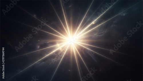 Bright cosmic sunburst rays shining through deep space galaxy background