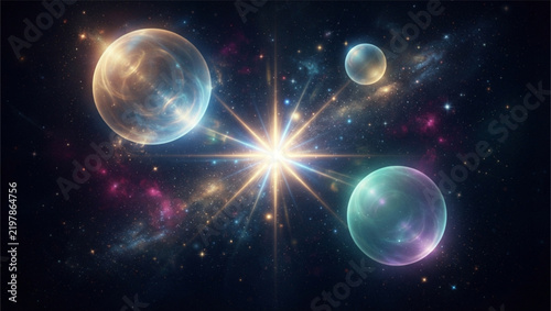 Cosmic Bubbles Surrounding Bright Star With Space Nebula Elements