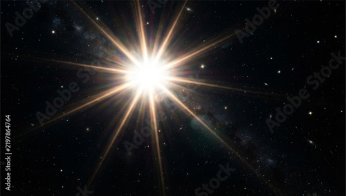 Bright Star With Radiating Light Beams Against Deep Space Galaxy Background