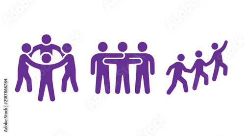 Collection of three purple icon designs illustrating community teamwork social connection among people teamwork community collaboration connection partnership together
