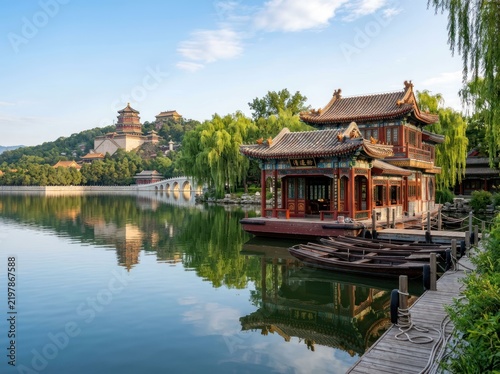 Serene Chinese Pavilion on Kunming Lake with Summer Palace in Background.