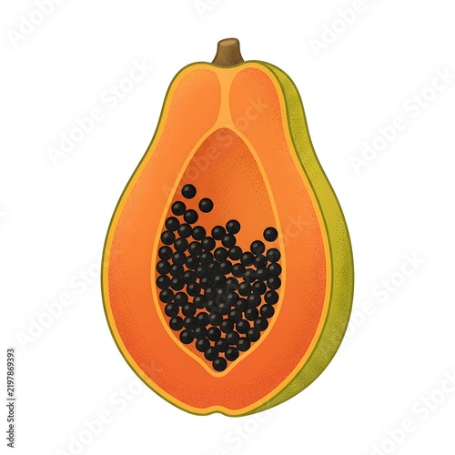 Half papaya fruit with black seeds isolated on white background