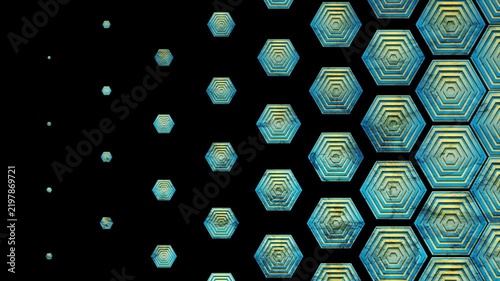 Blue and yellow geometric hexagons abstract motion background with grunge texture and layered honeycomb pattern. Seamless loop. Video animation Ultra HD 4K 3840x2160