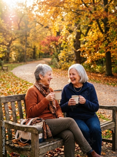 Two elderly women enjoying coffee on a park bench amidst autumn foliage.