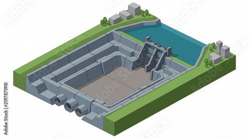 Isometric vector illustration of a modern water dam structure with reservoir and drainage system