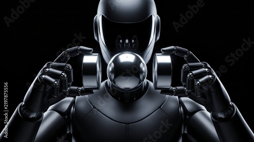 dark silhouette of humanoid robot balancing a magnetic levitation core for frictionless physics bearing research on seamless pitch black background with dramatic overhead studio rim lighting