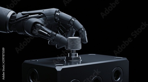 dark silhouette of humanoid robot adjusting a hydraulic bleed manifold for fluid pressure regulation maintenance on seamless pitch black background with dramatic overhead studio rim lighting