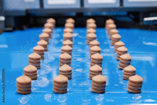 Rows of layered sandwich cookies and macarons moving on blue conveyor belt in an automated confectionery machine at ready to eat dessert and snack factory. Food manufacturing process.