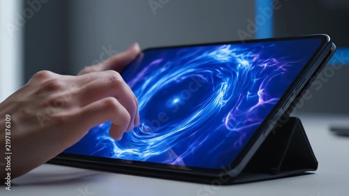 Person using a digital tablet with a vibrant blue abstract visualization while exploring technology and science concepts