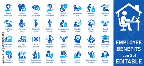 Employee Benefits Solid icon set. Includes symbols for health insurance, retirement plan, remote work, mental wellness, and paid time off. Solid vector icons for HR portals.