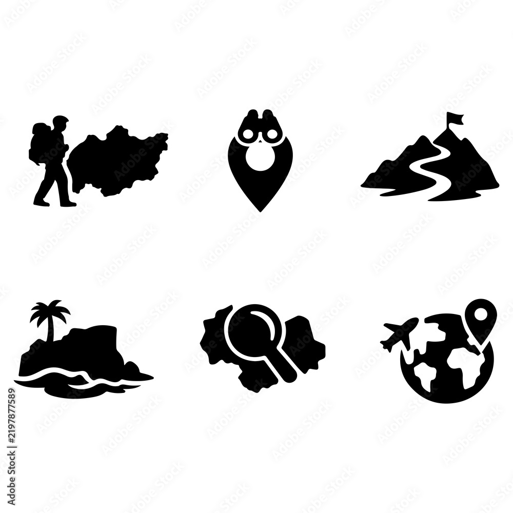 Fototapeta premium Tourism & Geographic Exploration Black Silhouette Icons