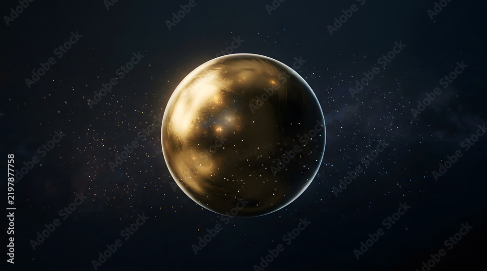 Obraz premium Golden celestial sphere with textured surface rotating against deep space backdrop for scientific visualization