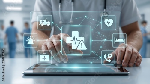 Healthcare worker using interactive medical network touchscreen for emergency management and hospital operations with digital icons showing ambulance and health services