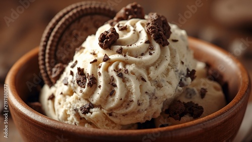Close-up full-frame creamy cookies and cream ice cream, rich texture, crunchy chocolate cookie pieces, delicious and appetizing.