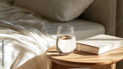 A glass of clean water and a closed book on a wooden bedside table in a cozy sunlit bedroom