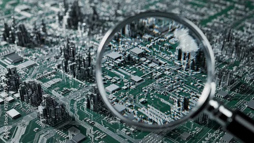Close-up of a magnifying glass over a complex circuit board with intricate details and a futuristic feel