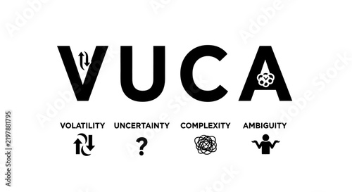 Foto Black and white concept illustration of VUCA (Volatility, Uncertainty, Complexity, Ambiguity) featuring text, acronym letters, and corresponding descriptive icons